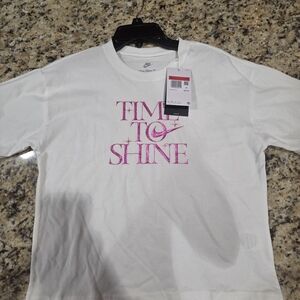 Nike Kids White Tee with Pink "Time to Shine" Graphic